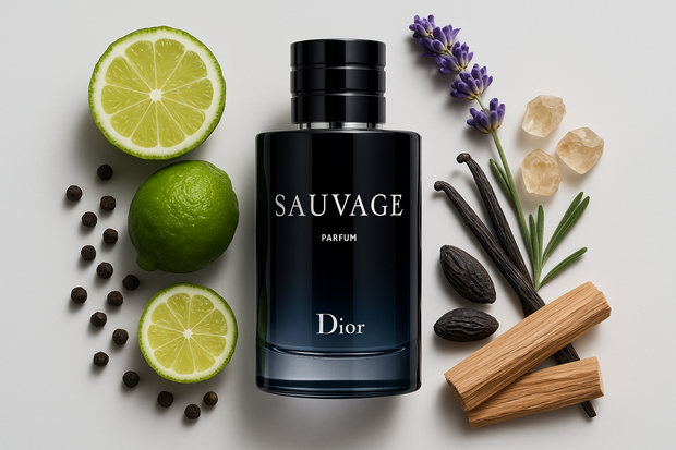 Generate a photo of Sauvage Parfum Spray By Christian Dior surrounded by the ingredients its made of. 