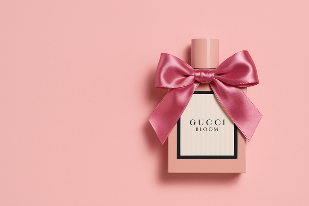 Just one bottle is fine. A Gucci Bloom center right with a bow on it. 